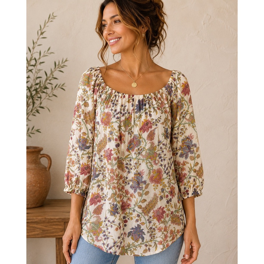 Chaps Denim Floral Gauze Top Womens Small Boho Peasant Cottagecore Lightweight